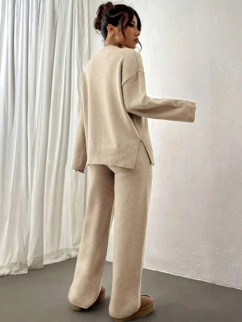 Women's Solid Drop Shoulder Split Hem Sweater & Elastic Waist Straight Leg Pants Two-piece Set, Casual Fashion Cozy Knitwear Set for Daily Outdoor Wear, Women Knitwear for Fall & Winter, Womenswear Women's Solid Drop Shoulder Split Hem Sweater & Elastic Waist Straight Leg Pants Two-piece Set, Casual Fashion Cozy Knitwear Set for Daily Outdoor Wear, Women Knitwear for Fall & Winter, Womenswear