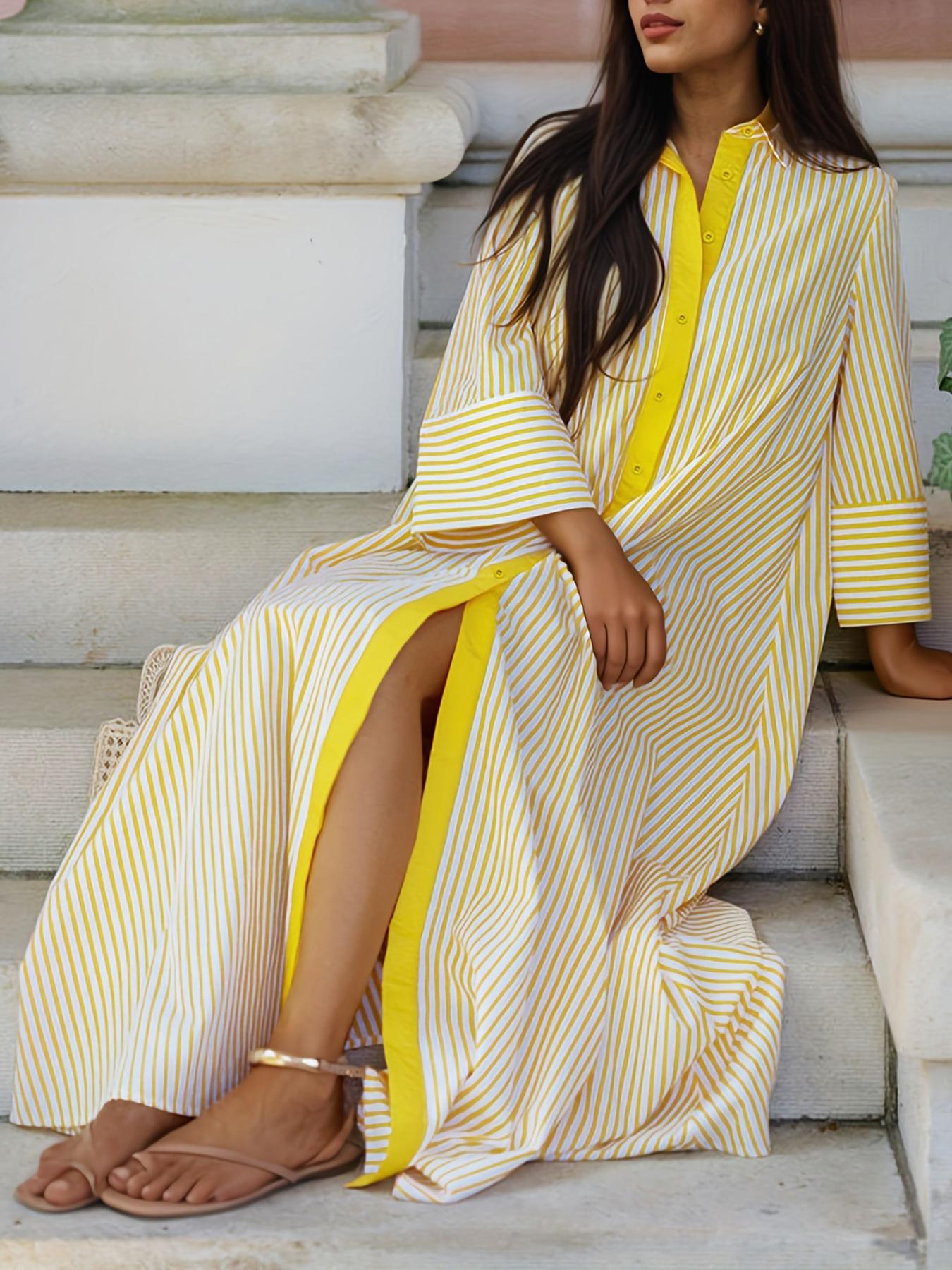 Elegant Women's Loose Collared Button Front Striped Shirt Dress, Perfect for Office and Casual Occasions, Stylish and Comfortable Spring Wear, Boho Summer Dresses Style Womenswear, Chic Dress