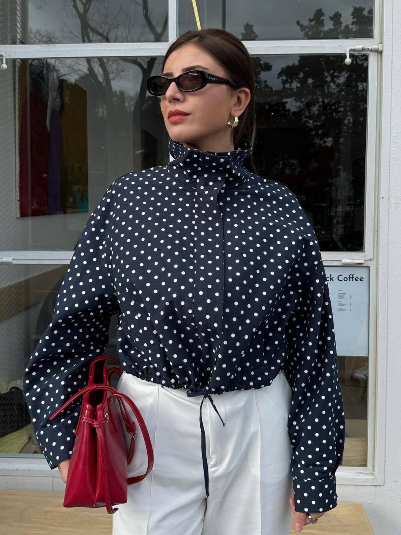 Polka Dot High Neck Women's Spring Jacket Windbreaker Cropped Coat Outdoor Bomber Jackets For Woman Outerwear Streetwear Demi-Season New In Jackets Fashionable Zipper Blue Woman Jackets Polka Dot Casual Jacket Casual Chic Outerwear Womenswear