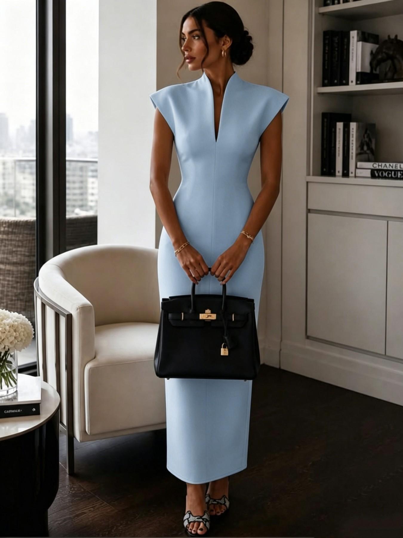 2026 Summer New Stand Collar V Neck Sleeveless High Waist Bodycon Dress, Solid Color Elegant Slimming Party Gown, Fashionable A-Line Skirt