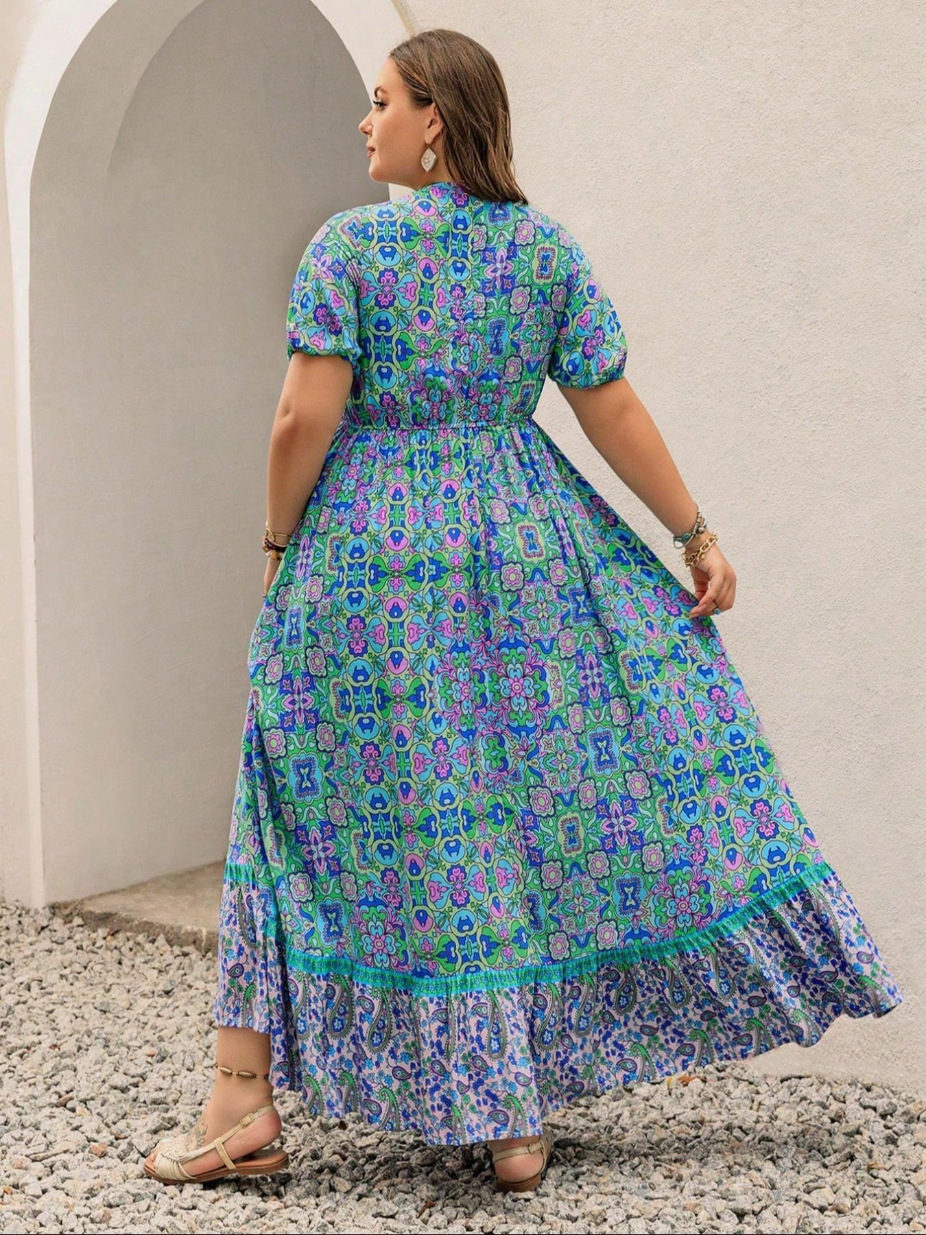 【Plus Size】 Floral Print Short Sleeve Dress, Boho Fashion Casual Dress for Beach Holiday Vacation, Women's Plus Clothing for Summer, Bohemian, Bohemian Casual Wear, Boho Summer Outfit