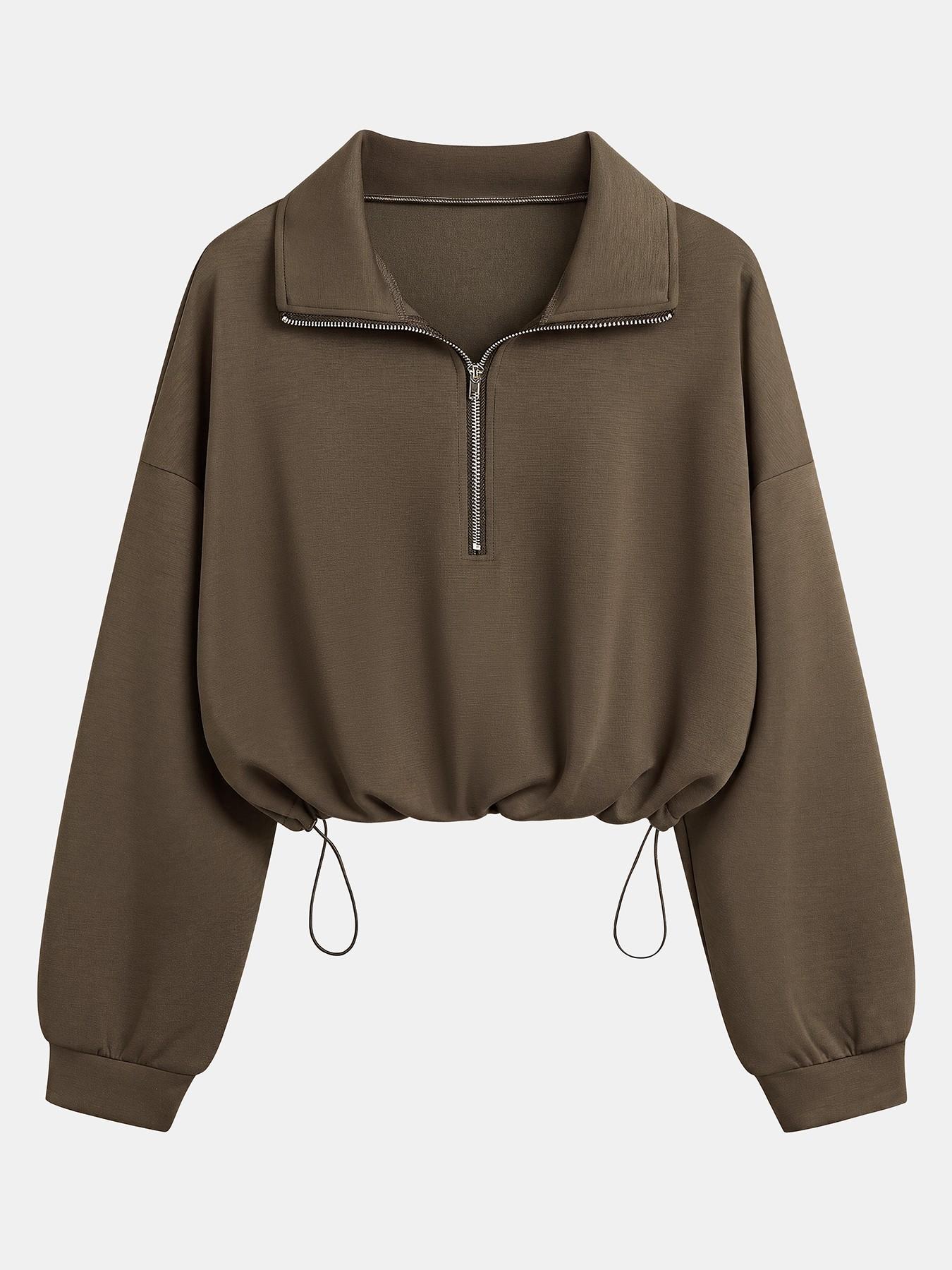 Women's Half-Zip Stand Collar Drawstring Adjustable Short Sweatshirt, Spring & Fall Casual Fashion, Comfortable and Stylish