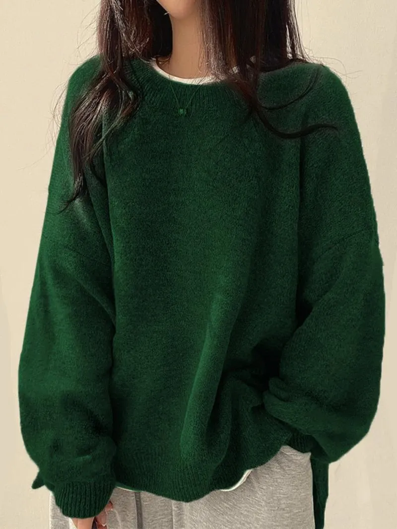 Women's Drop Shoulder Split Hem Sweater, Casual Long Sleeve Round Neck Jumper, Women's Knitwear Top for Fall & Winter, Sweaters for Women