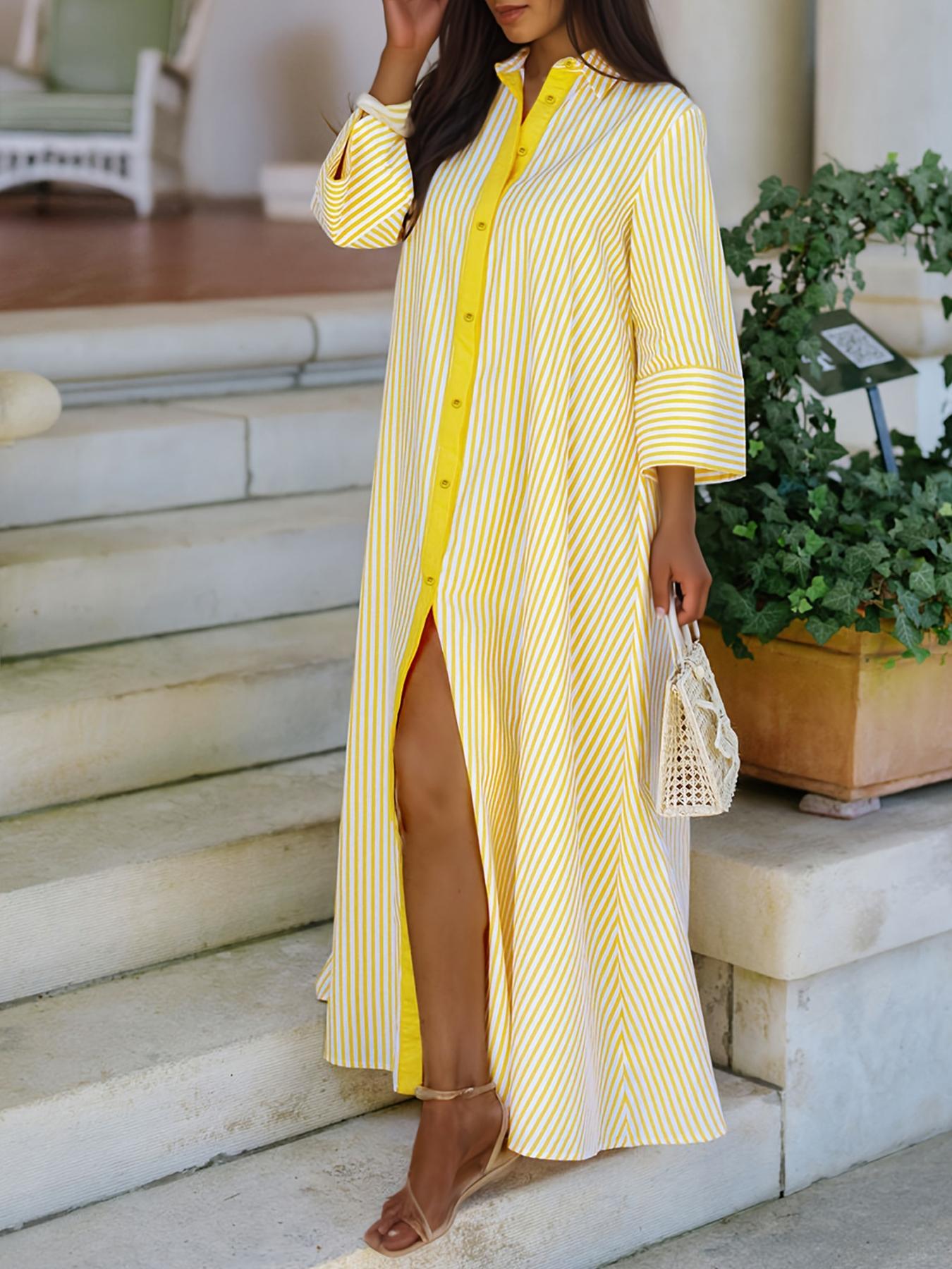 Elegant Women's Loose Collared Button Front Striped Shirt Dress, Perfect for Office and Casual Occasions, Stylish and Comfortable Spring Wear, Boho Summer Dresses Style Womenswear, Chic Dress