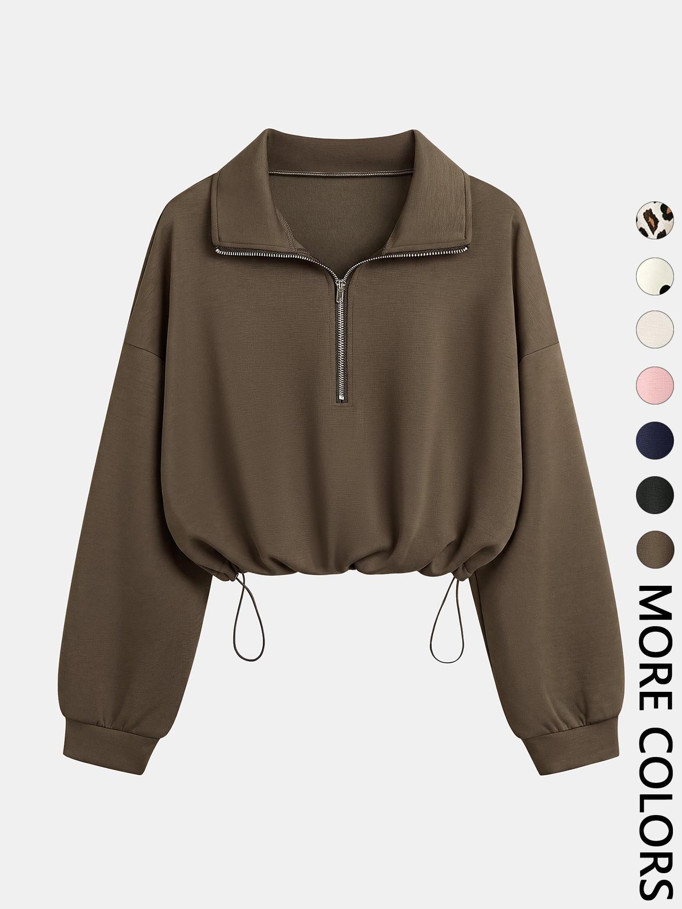 Women's Half-Zip Stand Collar Drawstring Adjustable Short Sweatshirt, Spring & Fall Casual Fashion, Comfortable and Stylish