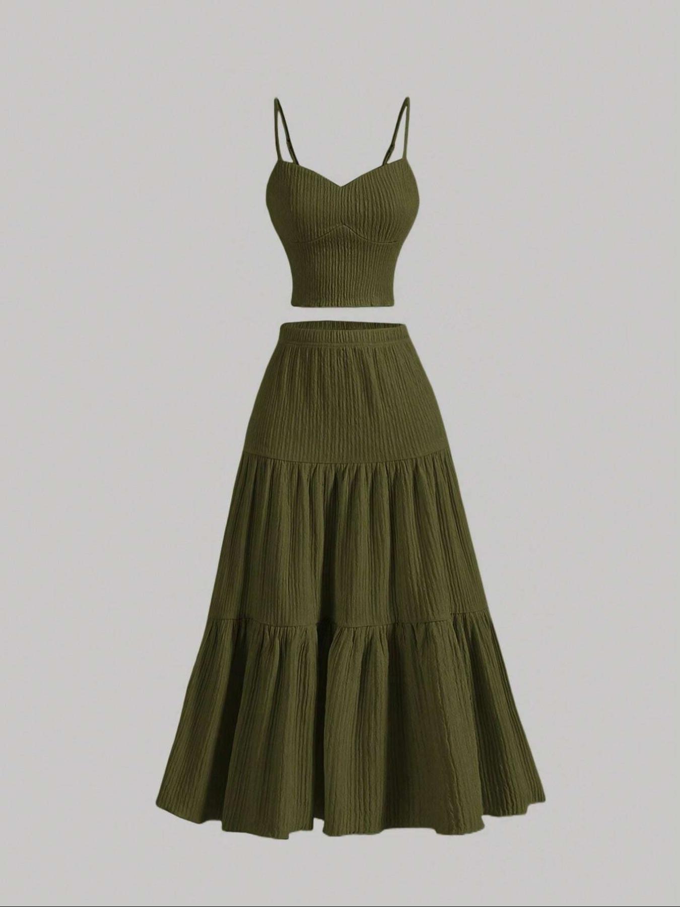 Women's Solid Woven Crop Cami Top & Pleated A-line Skirt Two-piece Set Womenswear, Casual Fashion Cozy Two Piece Outfits for Daily Outdoor Wear, Ladies Clothes for Summer