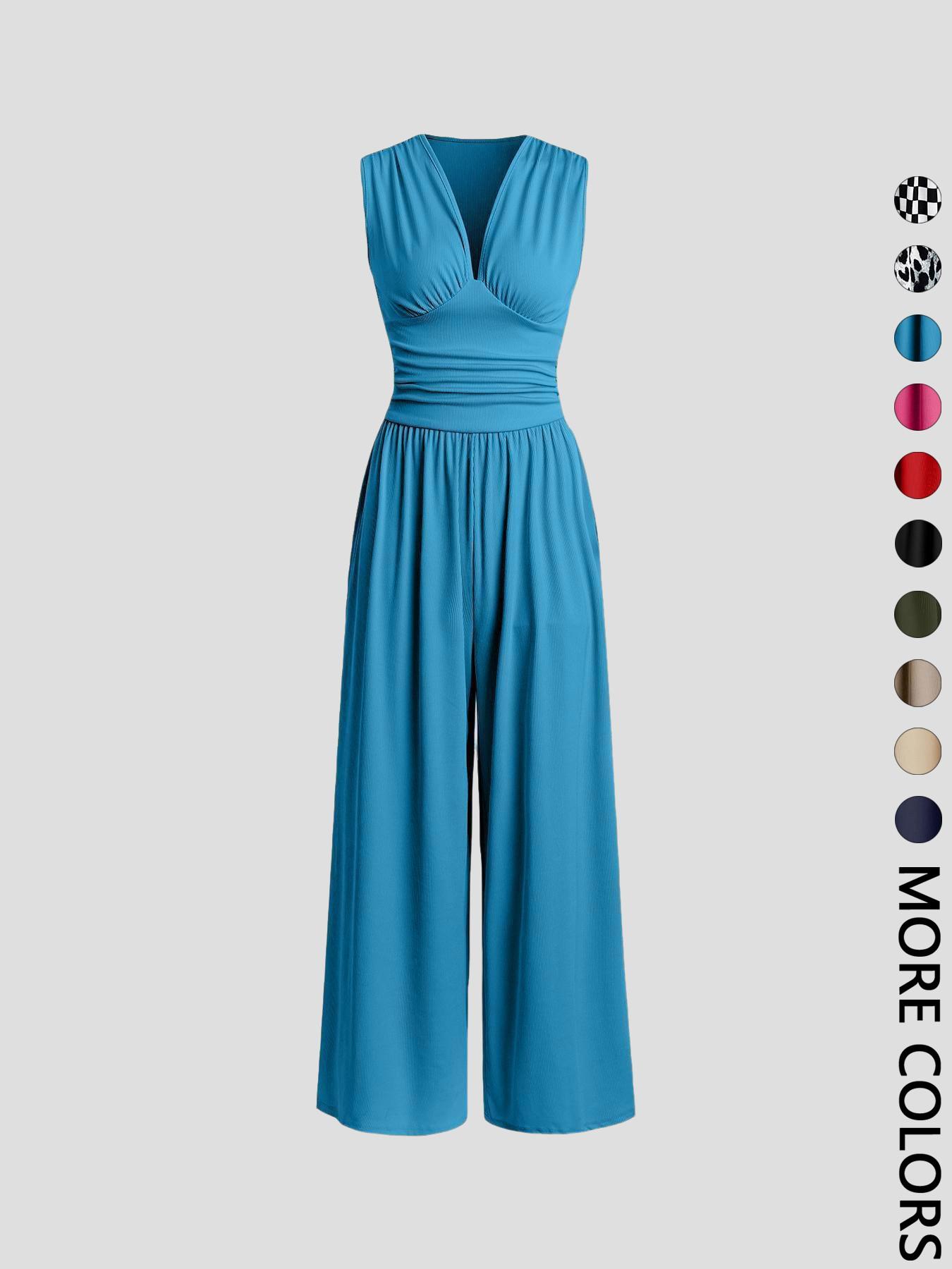 Women's Plain Ruched Deep V Neck Jumpsuit, Elegant Sleeveless Wide Leg Jumpsuit for Summer, Ladies Clothes for Beach Holiday Vacation Style