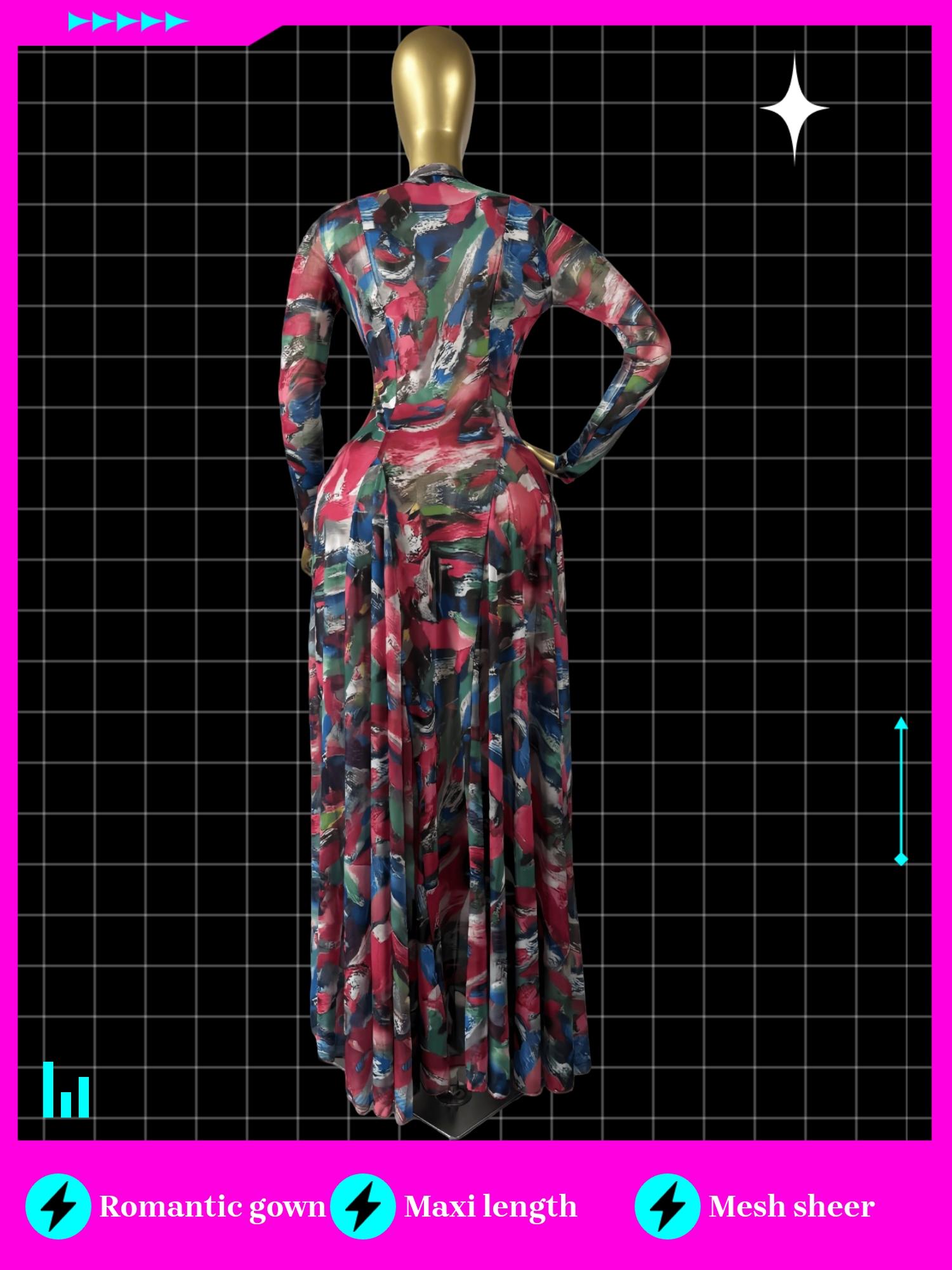 Women's PULKRITU Round-Neck Long Sleeve Woven Maxi Dress, Romantic Valentine's Day Party Outfit Gown, Sexy Mesh Sheer Dress, Spring Lady Dress for Evening Club Wear, Elegant Evening Wear, Formal, Evening Party Dresses, Womenswear