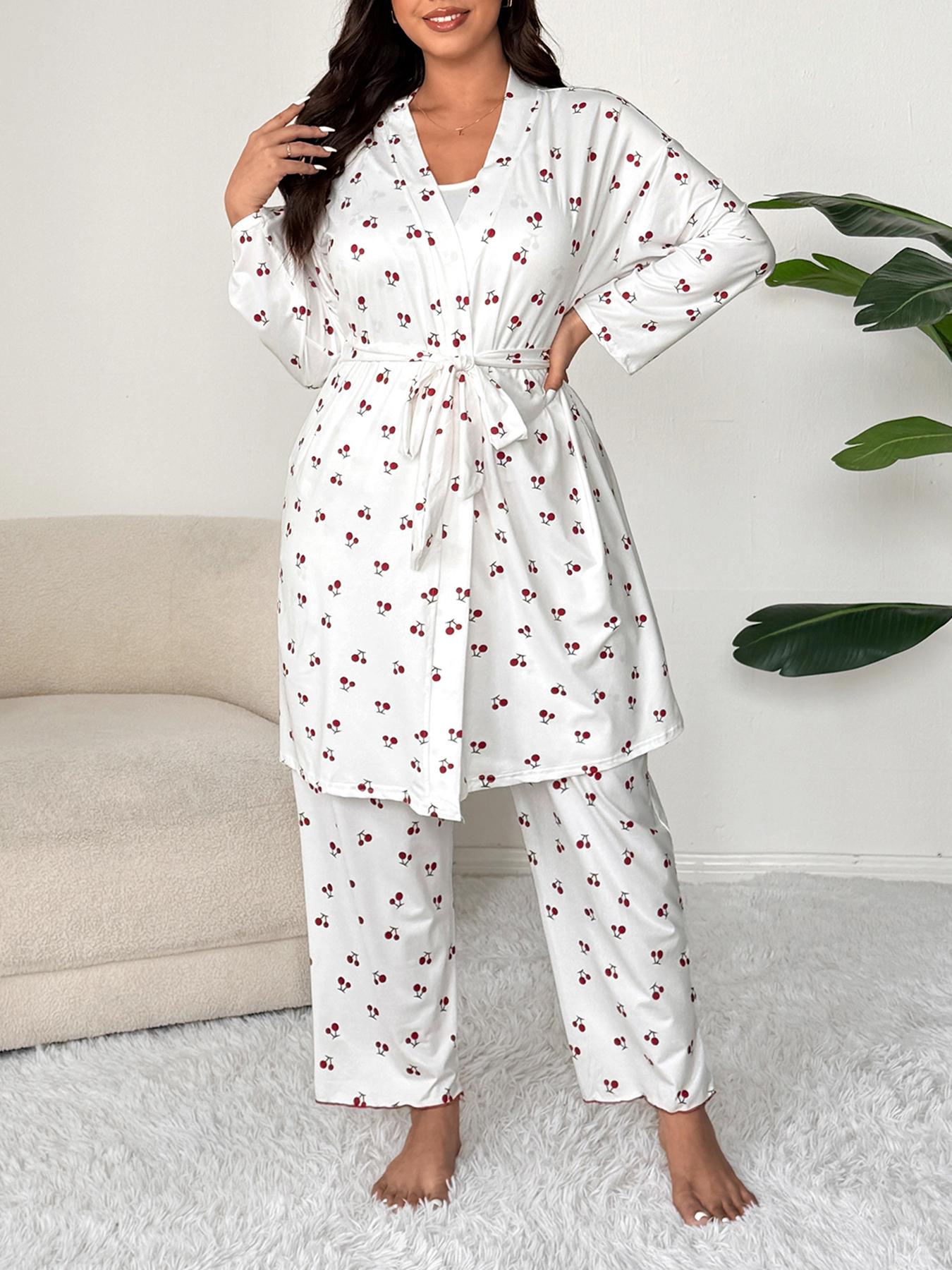 Plus Size Cherry Print Women's Sweet Comfortable Belted Robe & Sleeveless Long Pants & Cami Set, Three-Piece Pajama Sleepwear, Casual Home Wear