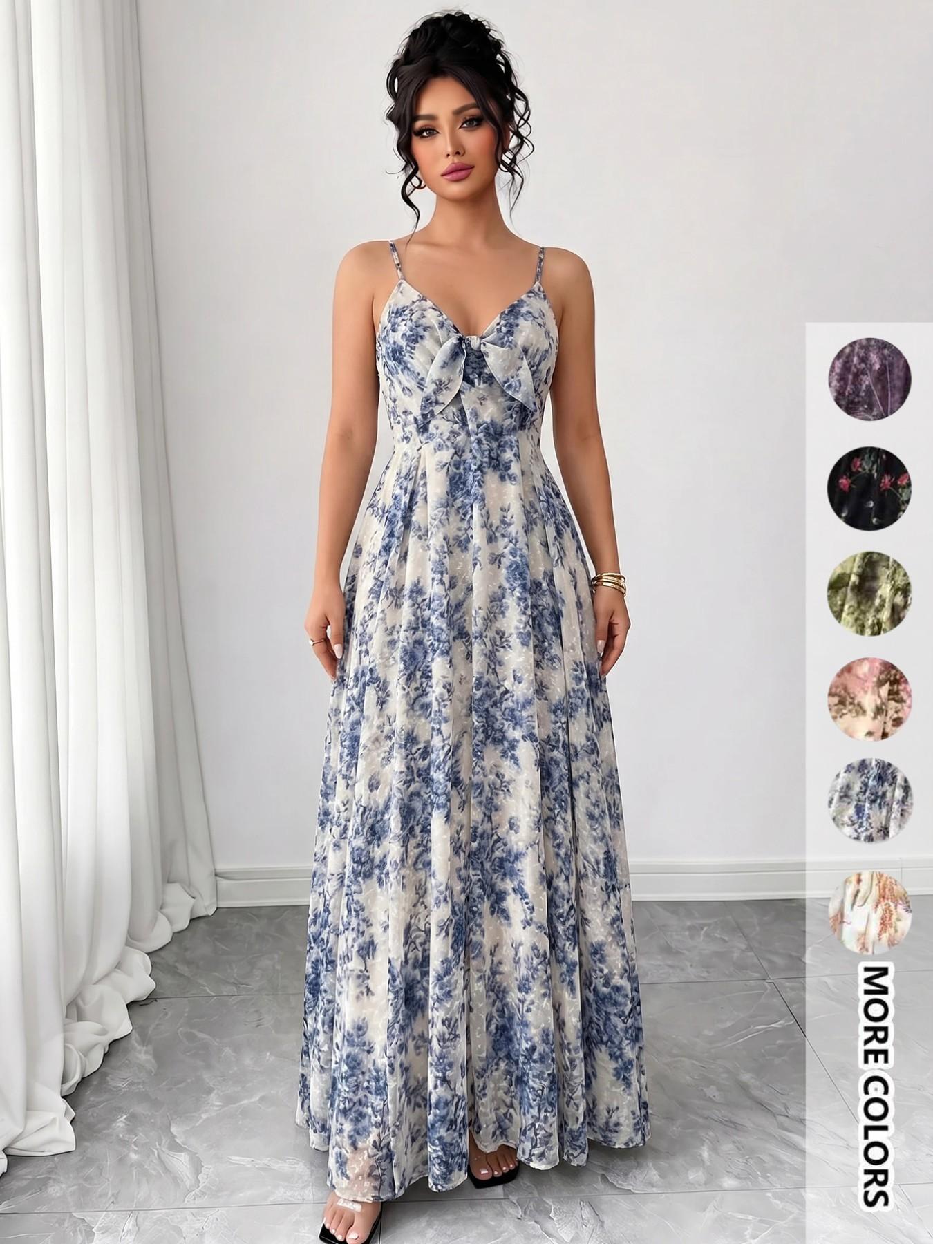 Women's Floral Print Cami Dress, Boho Fashion Casual A Line Dress for Beach Holiday Vacation, Ladies Dress for Summer Women's Floral Print Cami Dress, Boho Fashion Casual A Line Dress for Beach Holiday Vacation, Ladies Dress for Summer