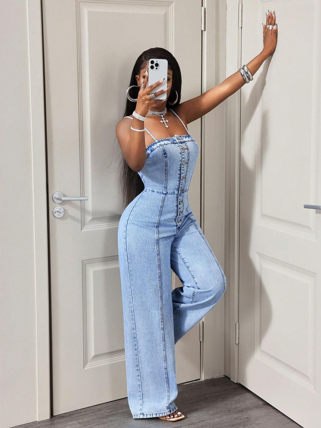 Women's Casual Denim Halter Backless Wide Leg Pants, Spring & Fall Fashion, Slim-Fitting Solid Pattern, Daily Wear