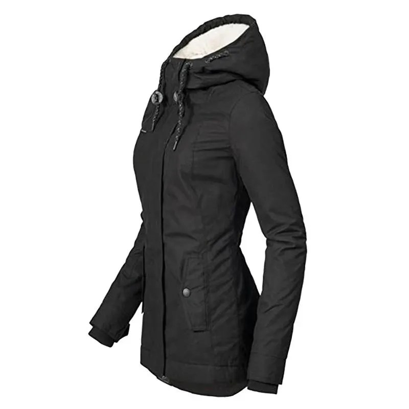 Winter Thickened Cotton Parka with Fleece Lining Hooded Warm Coat Mid-Length Women's Fitted Long Sleeve Outerwear Black Imitation Fur Tops for Casual Basic Minimalist Womenswear Elegance Style - Jackets Winter Thickened Cotton Parka with Fleece Lining Hooded Warm Coat Mid-Length Women's Fitted Long Sleeve Outerwear Black Imitation Fur Tops for Casual Basic Minimalist Womenswear Elegance Style - Jackets