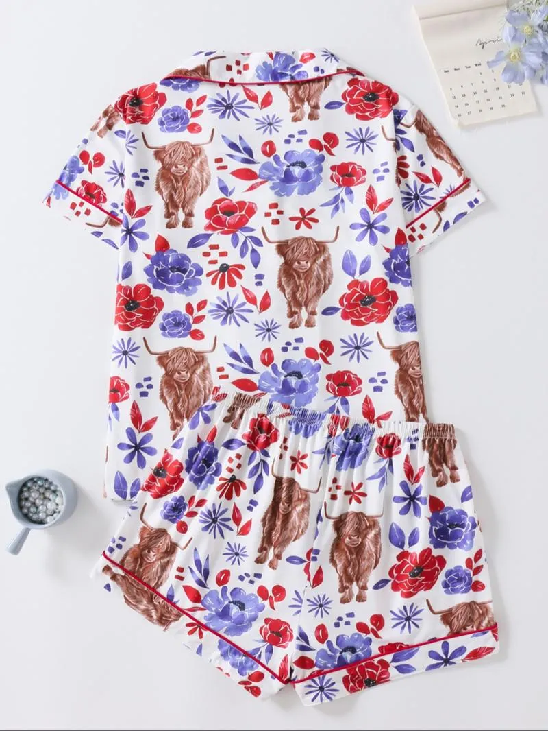 Women's Floral & Cow Print Top & Shorts Pajama Two-piece Set, Casual Comfy Short Sleeve Top & Shorts Pajama Set, Ladies Sleepwear for Summer, Womenswear Women's Floral & Cow Print Top & Shorts Pajama Two-piece Set, Casual Comfy Short Sleeve Top & Shorts Pajama Set, Ladies Sleepwear for Summer, Womenswear