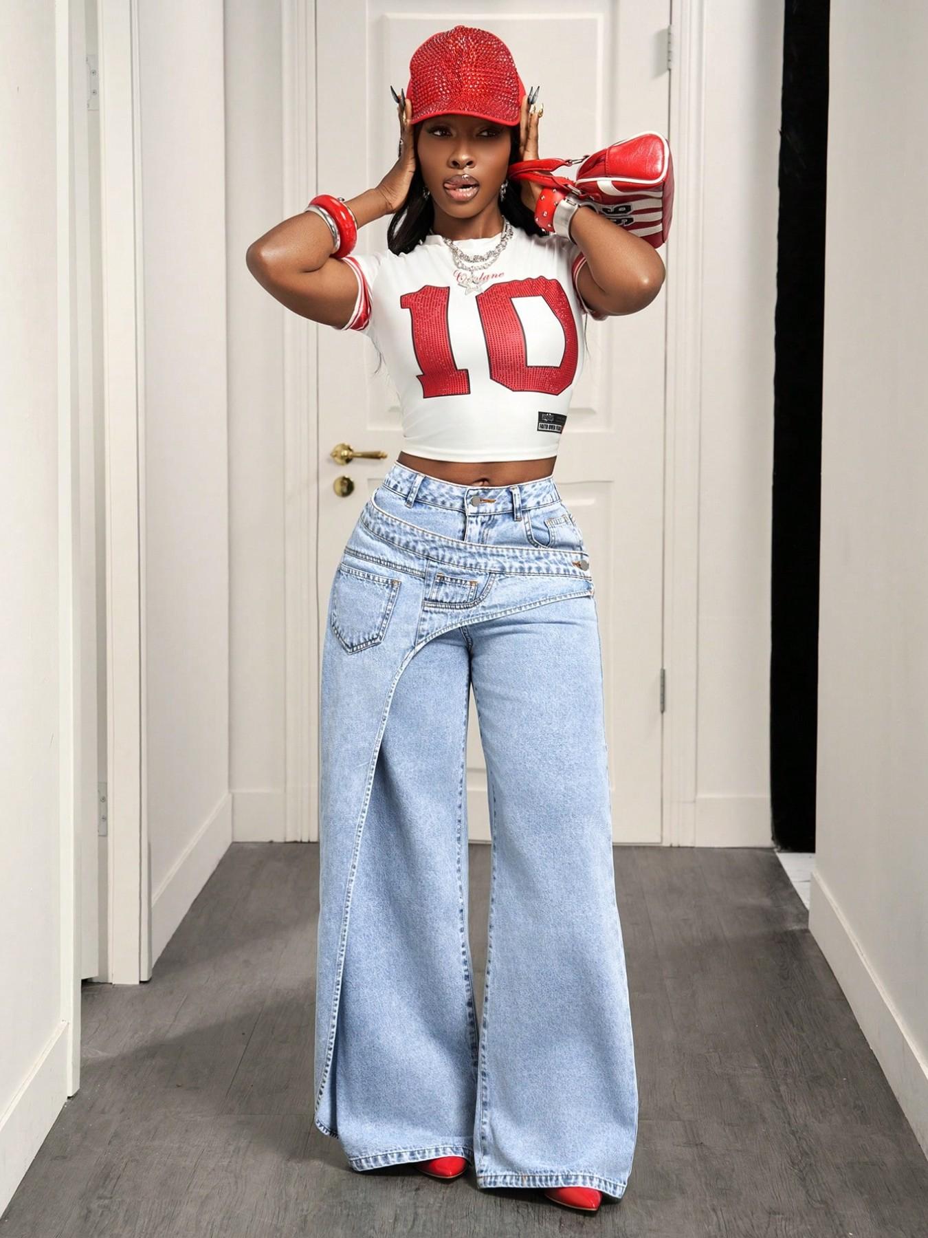 Women's Casual Denim Long Pants, Elegant Plain Pattern, Loose-Fitting, All-Season Fashion, Trendy Asymmetrical Design, Jeans