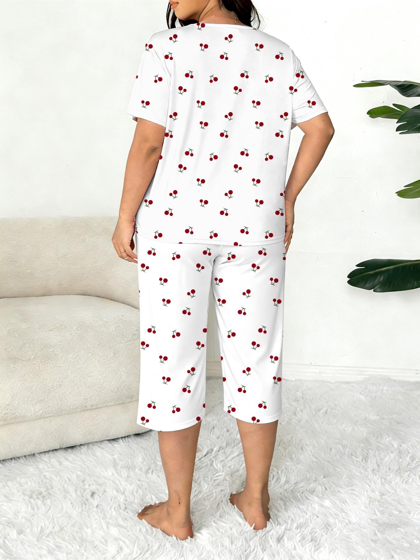 Plus-Size Women's Cherry Print Round Neck Short Sleeve Top and Capri Pants Set, Casual Pajamas Set, Comfortable Sleepwear
