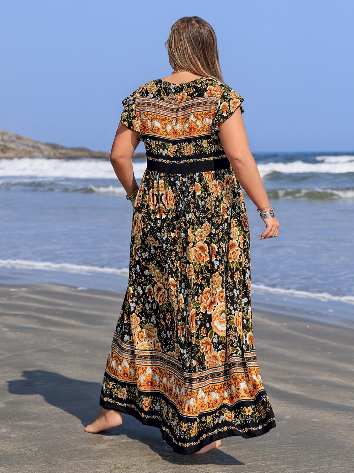 Plus Size Floral Print V-Neck Maxi Dress, Boho Fashion Casual Short Sleeve Dress for Daily Vacation Wear, Women's Clothing for All Seasons, Bohemian Sundress