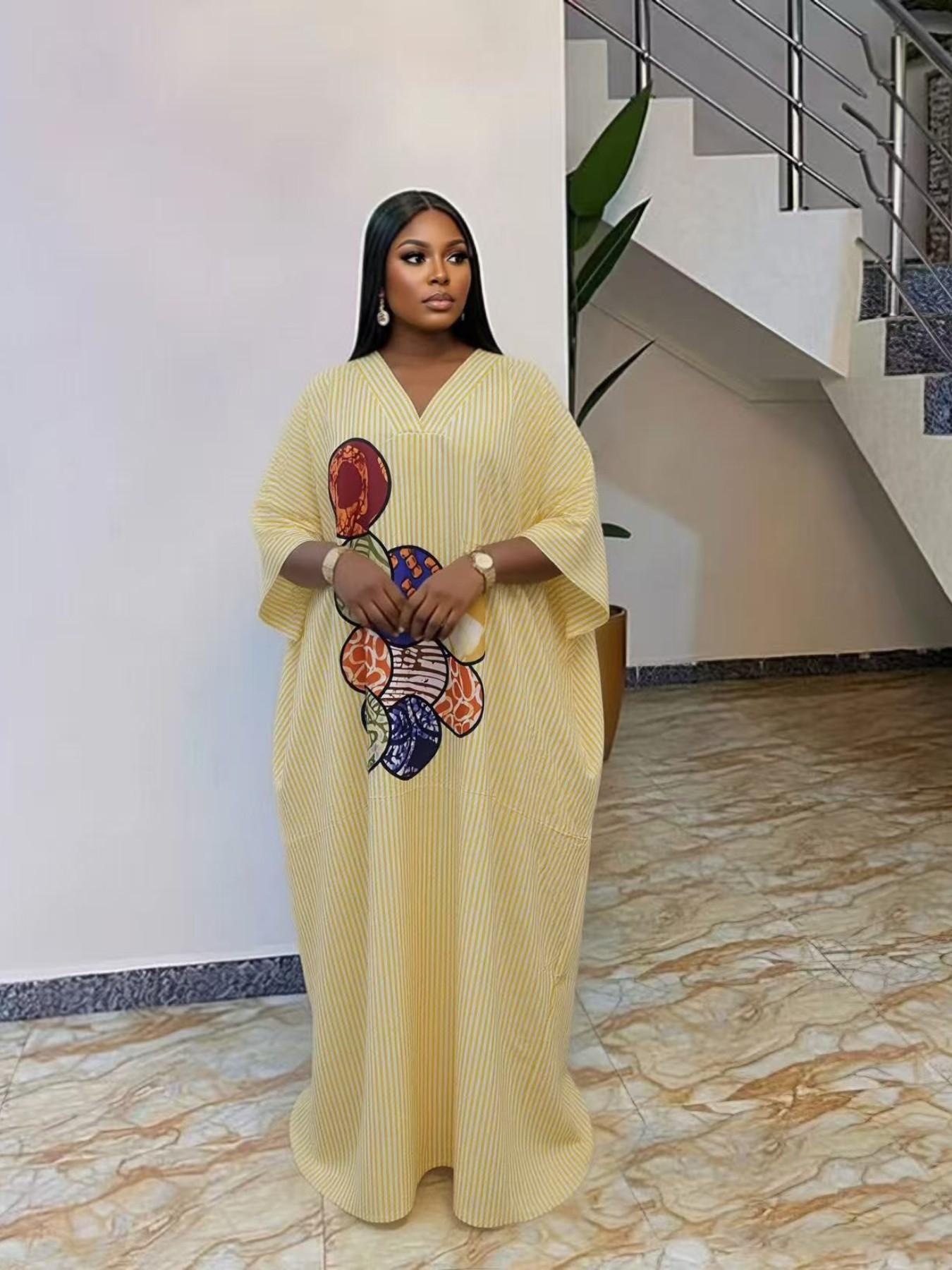 Plus Size Women's Fashion Chic Striped Print V-Neck Dress, Casual Daily Wear, Boho Summer, Ethnic Boubou Kaftan for Party & Beach
