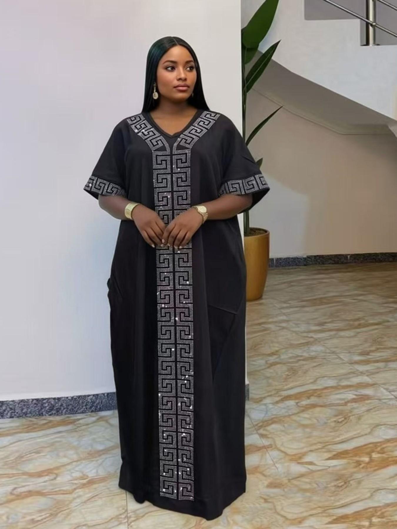 2026 African Nigerian Style Women's Islamic Clothing Rhinestone Loose Boubou Kaftan Dress, Elegant Solid Color, Muslim Ethnic Robe with Matching Scarf & Pockets, Daily Party Wear 2026 African Nigerian Style Women's Islamic Clothing Rhinestone Loose Boubou Kaftan Dress, Elegant Solid Color, Muslim Ethnic Robe with Matching Scarf & Pockets, Daily Party Wear