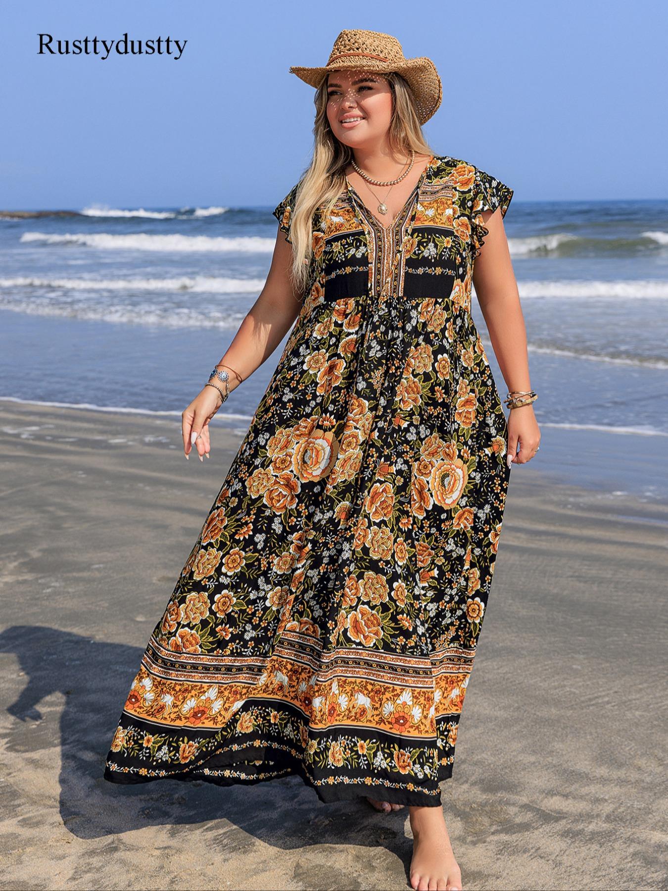 Plus Size Floral Print V-Neck Maxi Dress, Boho Fashion Casual Short Sleeve Dress for Daily Vacation Wear, Women's Clothing for All Seasons, Bohemian Sundress