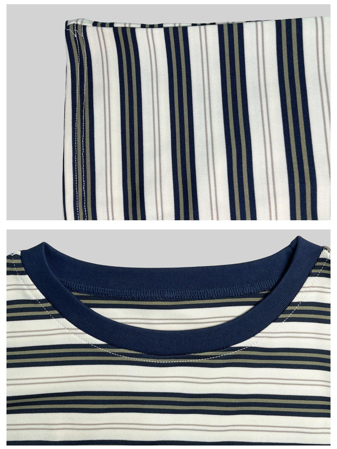 Striped Oversized Round Neck Short Summer Tee with Contrast Neckline, Effortlessly Cool Casual Chic Everyday Top Fit