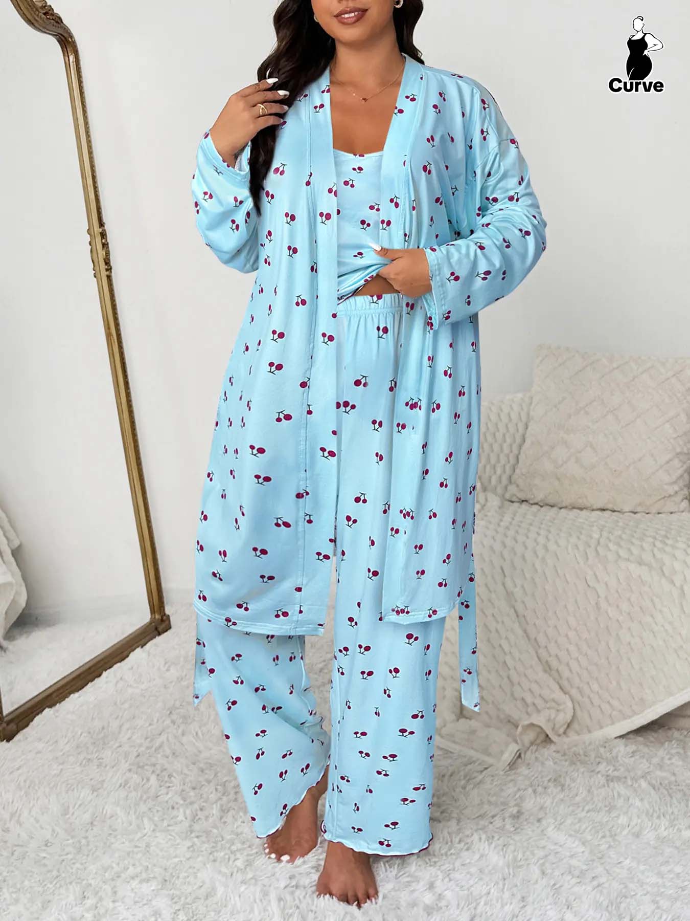 Plus Size Cherry Print Women's Sweet Comfortable Belted Robe & Sleeveless Long Pants & Cami Set, Three-Piece Pajama Sleepwear, Casual Home Wear