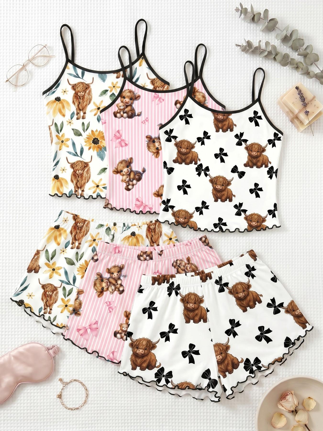 Cherry Print Halter Short Pajamas Set, Trim Ruffle Design, Sweet Cool Girl Style, Breathable Home Sleepwear, 3-Piece Combo