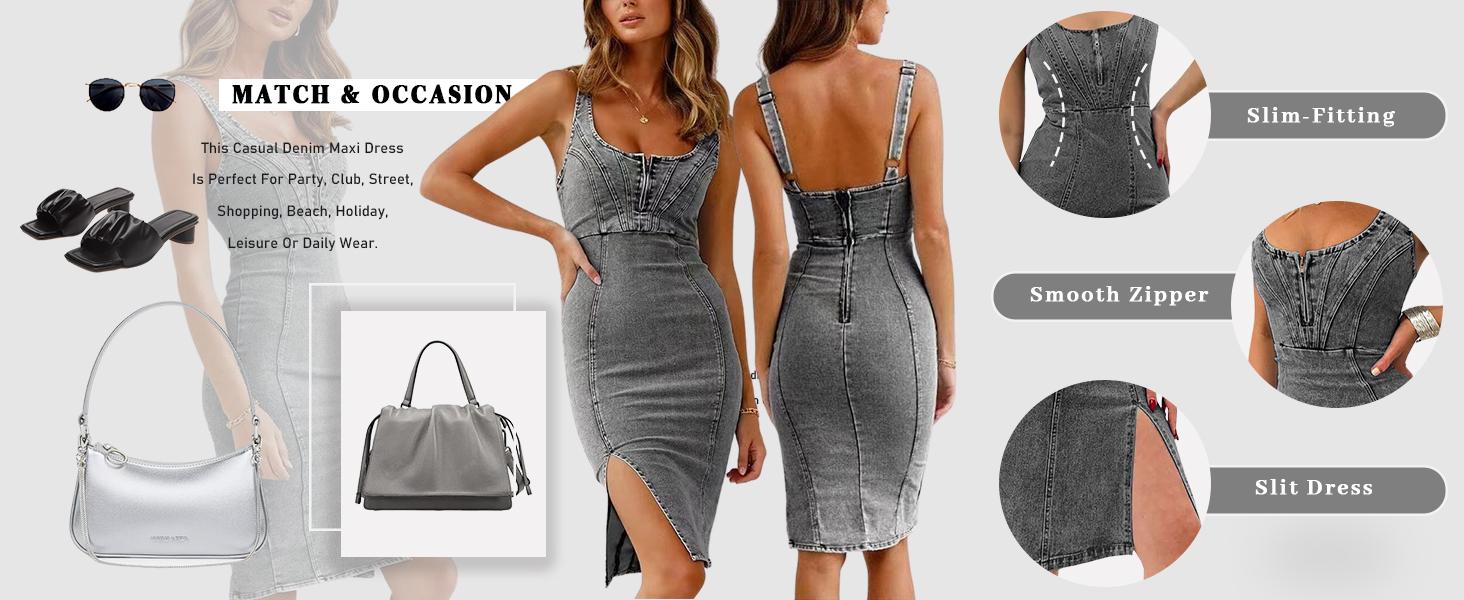 utcoco Women's Sleeveless Denim Bodycon Midi Dress - Casual Wear with Side Slit, Elegant Fit, 2026 Chic Design, Imported, Machine Washable