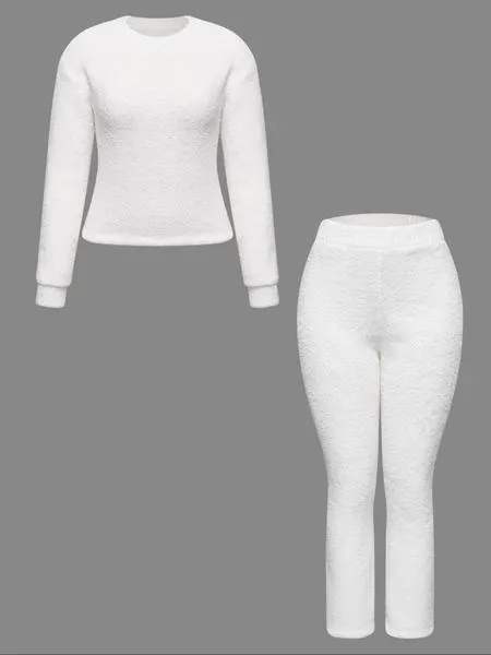 Women's Two-Piece Casual Set, Solid Color Long Sleeve Top & Elastic Wide-Leg Pants Pjs, Comfortable Minimalist Round Neck Sleepwear