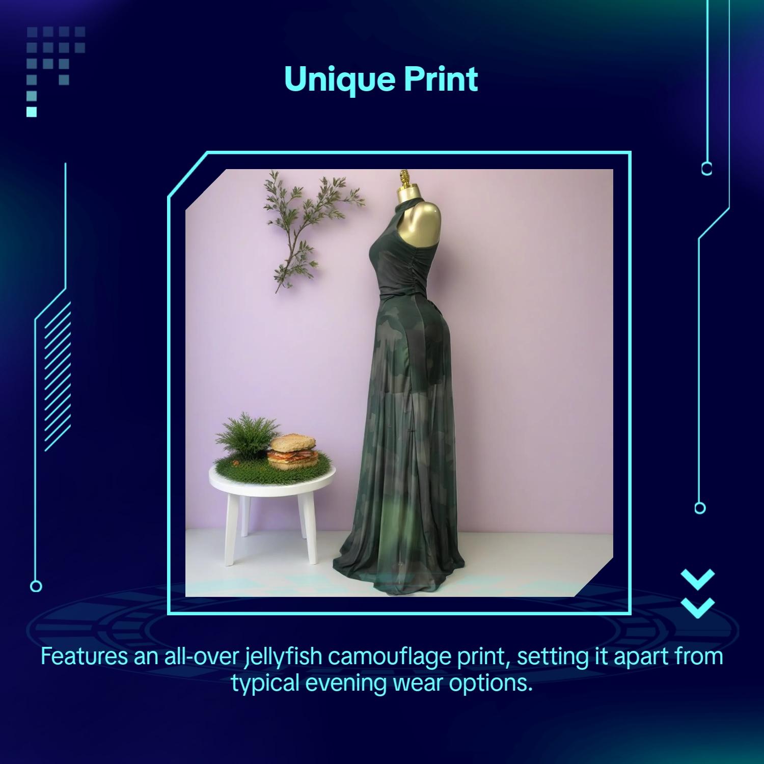 PULKRITU Women's O-Neck Sleeveless A-line Maxi Dress, Autumn Party, Beach, Evening, Birthday, Formal Wear, Jellyfish Camouflage Printed with Sashes Mock Neck Dress