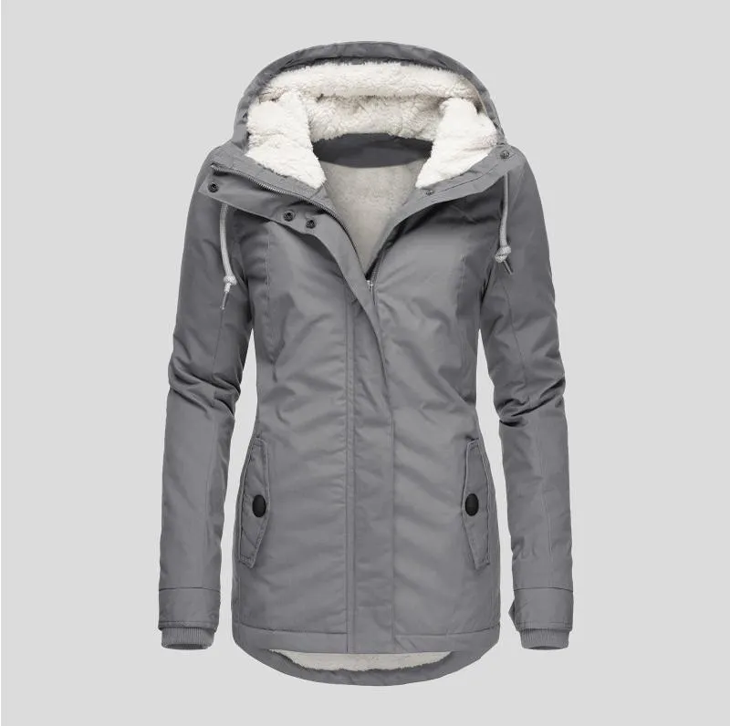 Winter Thickened Cotton Parka with Fleece Lining Hooded Warm Coat Mid-Length Women's Fitted Long Sleeve Outerwear Black Imitation Fur Tops for Casual Basic Minimalist Womenswear Elegance Style - Jackets Winter Thickened Cotton Parka with Fleece Lining Hooded Warm Coat Mid-Length Women's Fitted Long Sleeve Outerwear Black Imitation Fur Tops for Casual Basic Minimalist Womenswear Elegance Style - Jackets