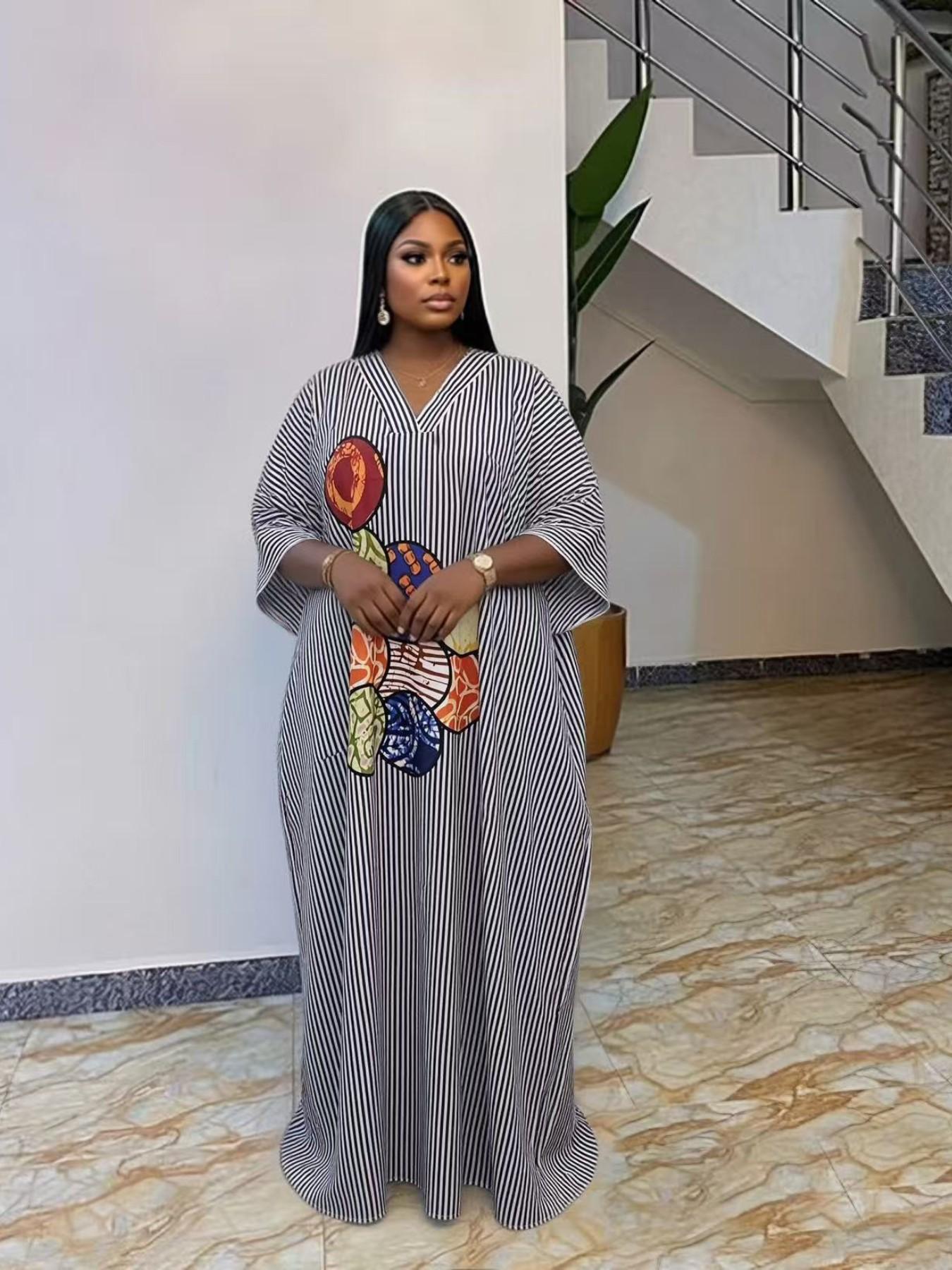 Plus Size Women's Fashion Chic Striped Print V-Neck Dress, Casual Daily Wear, Boho Summer, Ethnic Boubou Kaftan for Party & Beach