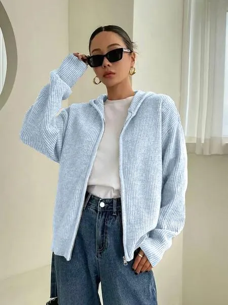 Women's Solid Color Zip Up Hooded Sweater Cardigan, Casual Long Sleeve Knitwear for Fall & Winter, Fashion Ladies' Knit Clothing for Daily Wear Women's Solid Color Zip Up Hooded Sweater Cardigan, Casual Long Sleeve Knitwear for Fall & Winter, Fashion Ladies' Knit Clothing for Daily Wear