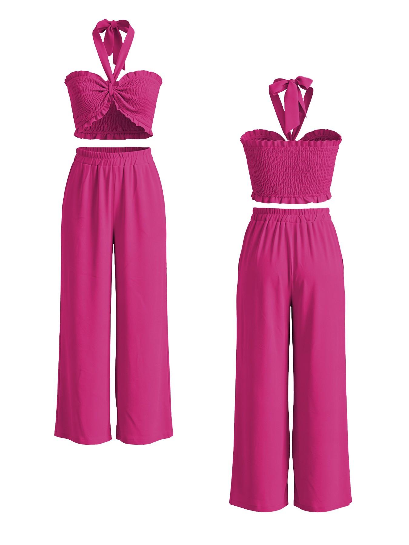 Women's 2-Piece Vacation Set, Fit, Strapless Top with Tie-Up Design, High-Waisted Wide-Leg Pants, Perfect for Beach Parties, Womenswear