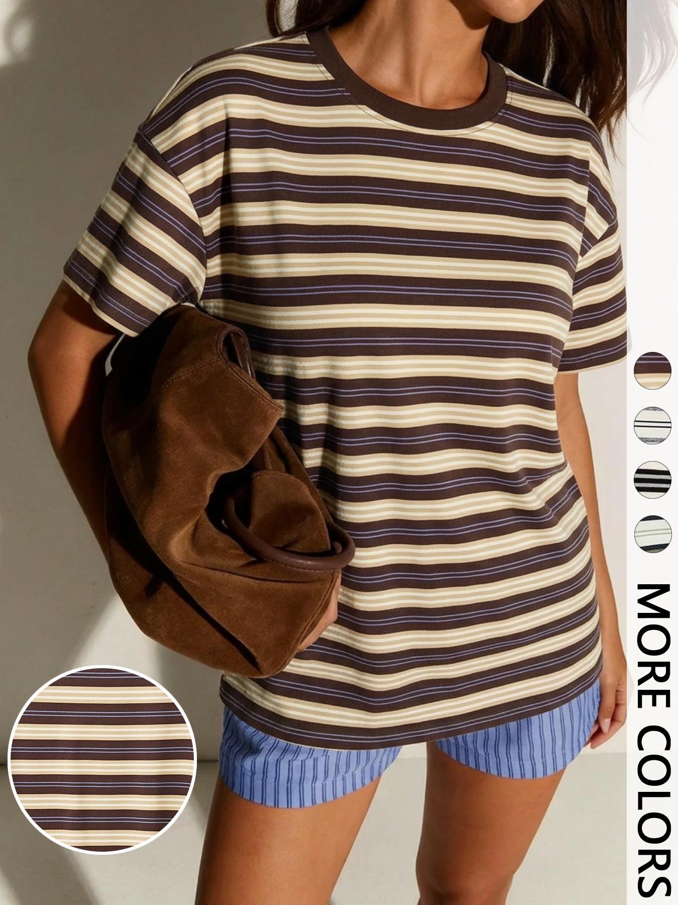 Striped Oversized Round Neck Short Summer Tee with Contrast Neckline, Effortlessly Cool Casual Chic Everyday Top Fit