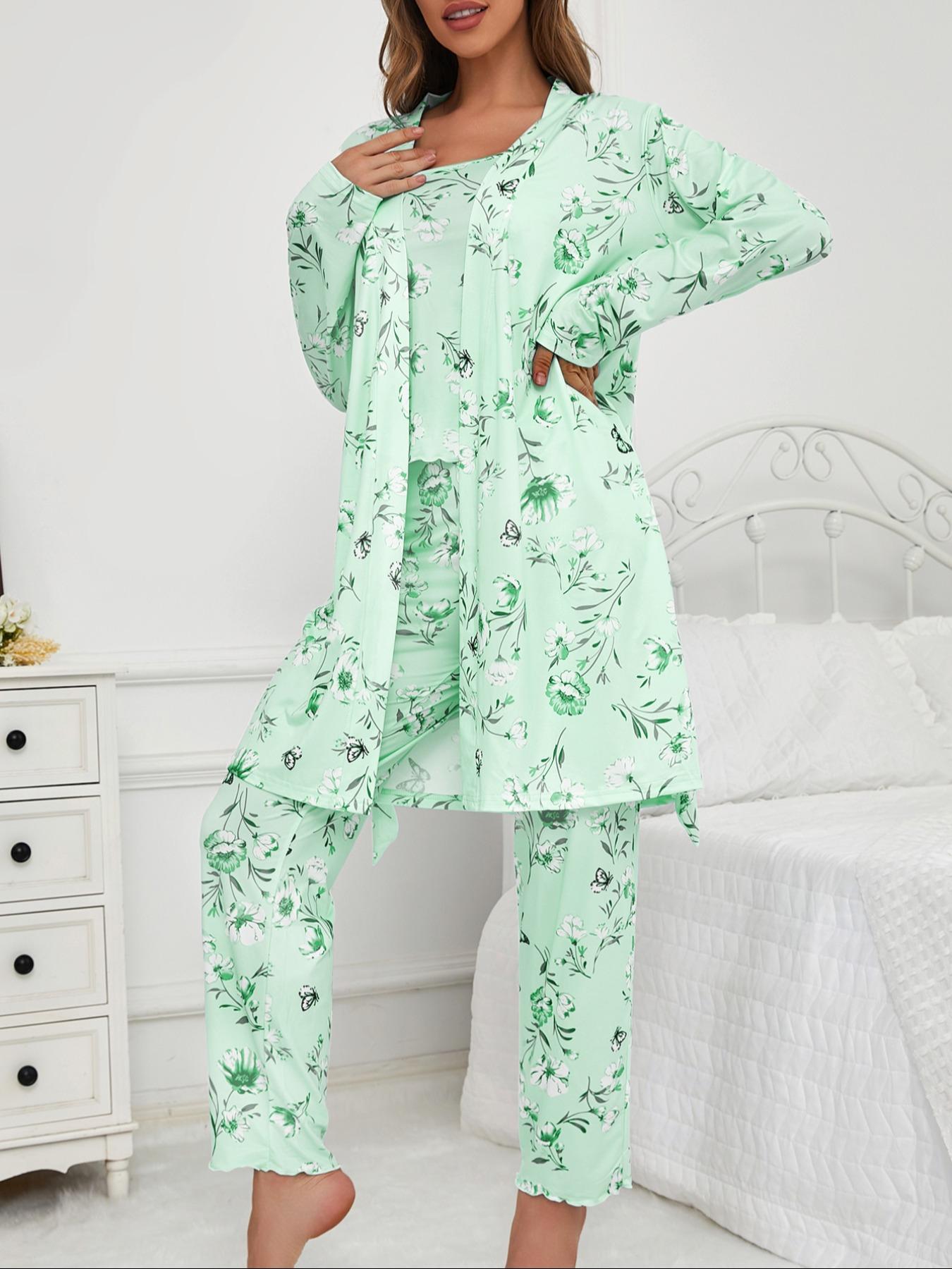 Three-Piece Set Women's Floral Butterfly Print Belted Long Sleeve Lounge Robe & Lettuce Trim Cami Top & Pants Pyjama Set, Casual Comfy Sleepwear & Loungewear for Women, Ladies Pajama Set for All Seasons, Summer Lounge Set