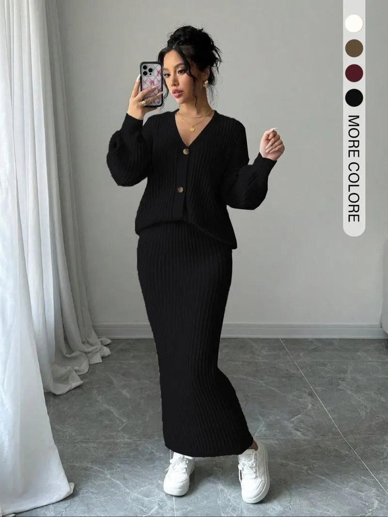 Women's Solid Button Front Sweater & Long Skirt Two-piece Set, Casual Drop Shoulder Long Sleeve Knit Top & High Waist Skirt for Daily Outdoor Wear, Women's Knitwear for Fall & Winter Women's Solid Button Front Sweater & Long Skirt Two-piece Set, Casual Drop Shoulder Long Sleeve Knit Top & High Waist Skirt for Daily Outdoor Wear, Women's Knitwear for Fall & Winter
