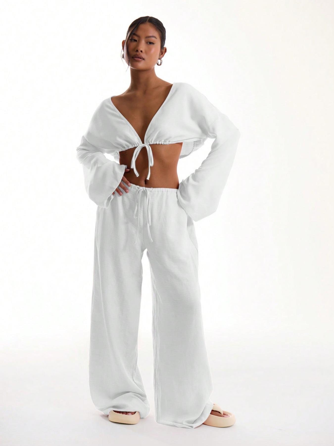 Women's Solid Pocket Pants, Casual Comfy Woven Fabric Wide Leg Trousers for Beach Vacation Holiday, Ladies Bottoms for All Seasons, Baggy Legged Pants