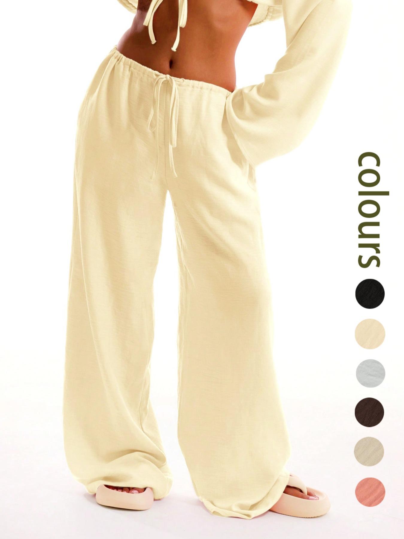 Women's Solid Pocket Pants, Casual Comfy Woven Fabric Wide Leg Trousers for Beach Vacation Holiday, Ladies Bottoms for All Seasons, Baggy Legged Pants