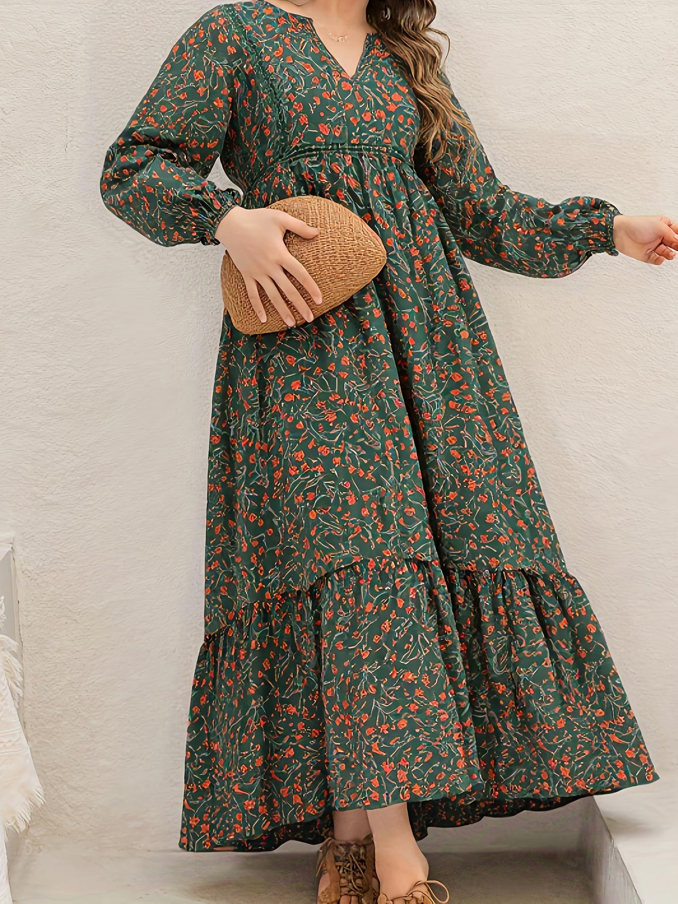 Plus Size Women's Floral Woven Dress, Fall Winter V Neck Tie Back Lace Trim Long Sleeve Maxi Dress, Casual Elegant Fashion Plus Size Women's Floral Woven Dress, Fall Winter V Neck Tie Back Lace Trim Long Sleeve Maxi Dress, Casual Elegant Fashion