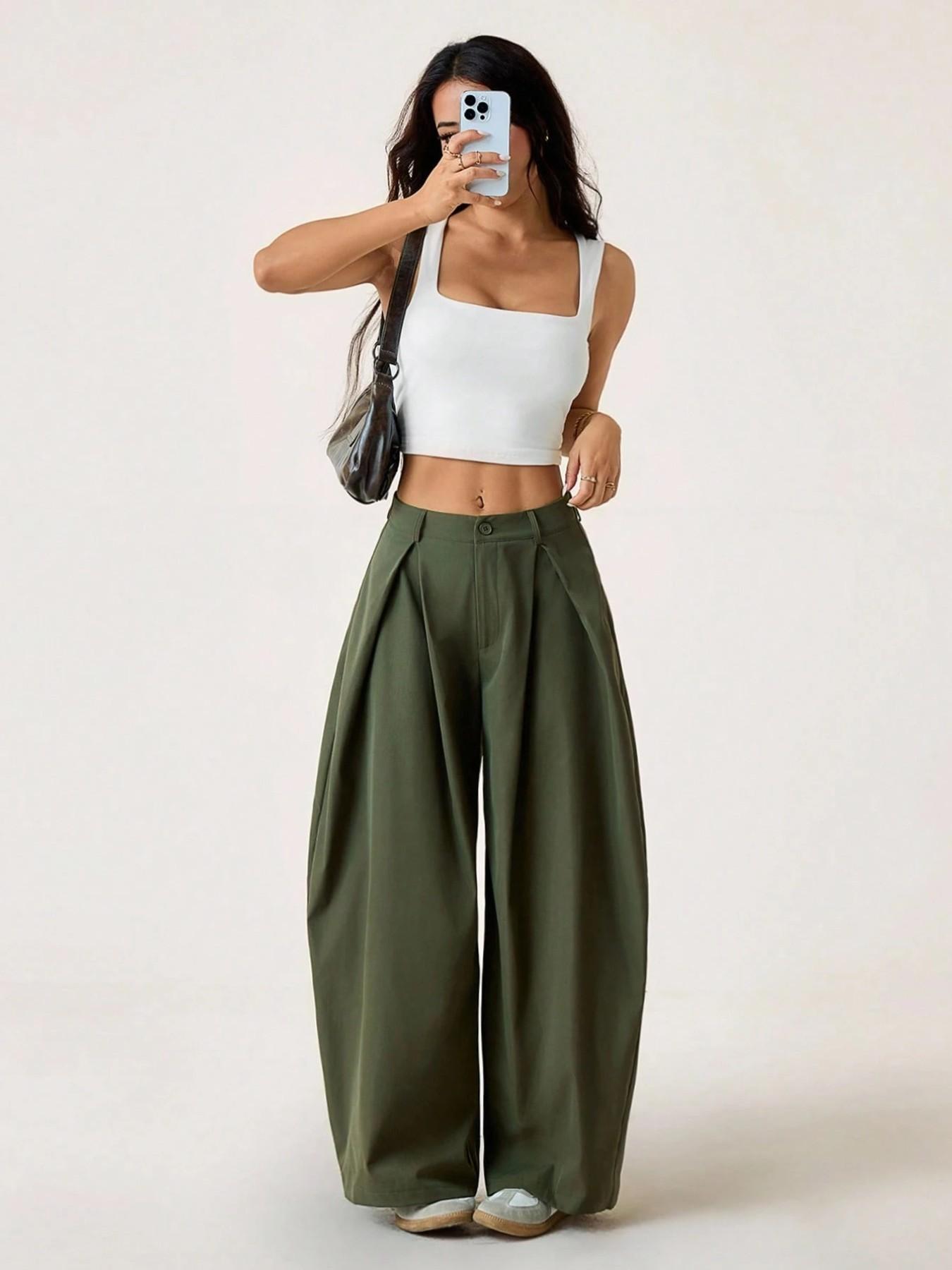 Women's Vintage Casual Street Style Loose Fit Pants, Elastic Waist Wide Leg Trousers, Retro Fashion Bottoms for Daily Wear Women's Vintage Casual Street Style Loose Fit Pants, Elastic Waist Wide Leg Trousers, Retro Fashion Bottoms for Daily Wear