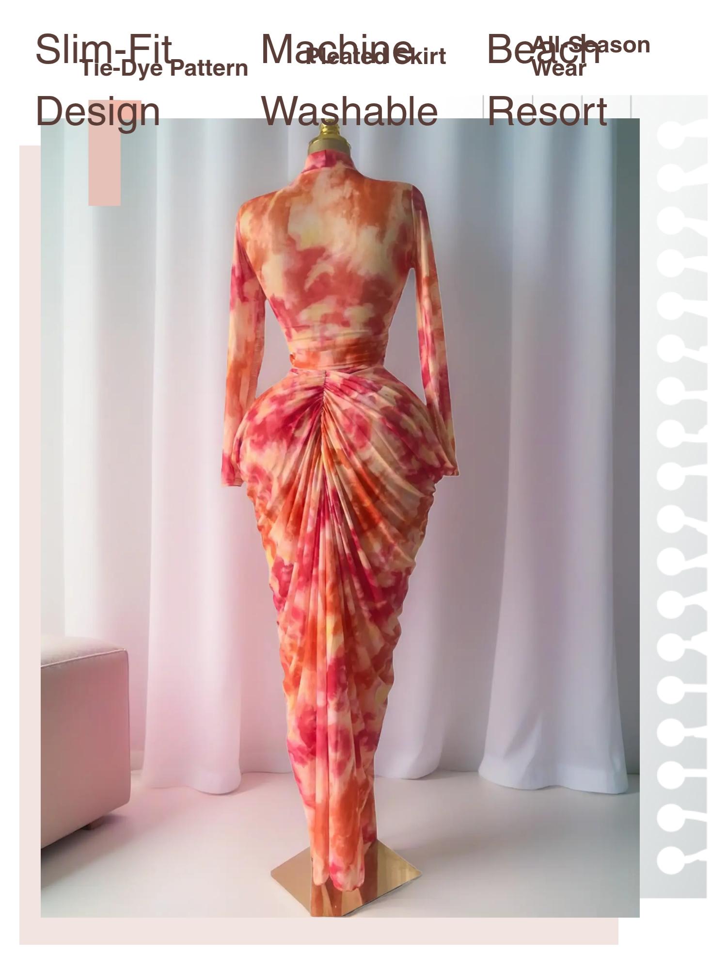 PULKRITU Elegant Women's Tie Dye Printed Two Piece Set Outfits, Wrap Long Sleeve Crop Top + Ruched Maxi Skirt , Casual Beach Resort Birthday, Vacation Street Lady Two-Piece Set,Female Fashion 2 Piece Co-ord Set