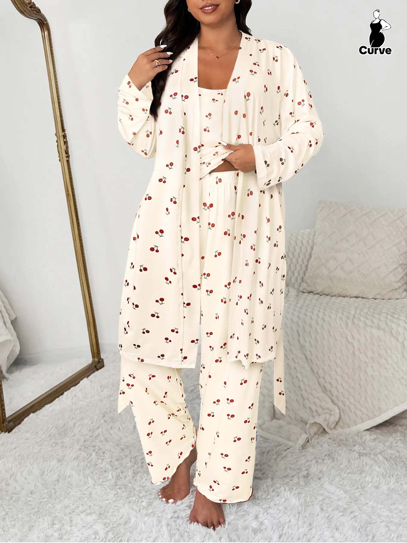 Plus Size Cherry Print Women's Sweet Comfortable Belted Robe & Sleeveless Long Pants & Cami Set, Three-Piece Pajama Sleepwear, Casual Home Wear