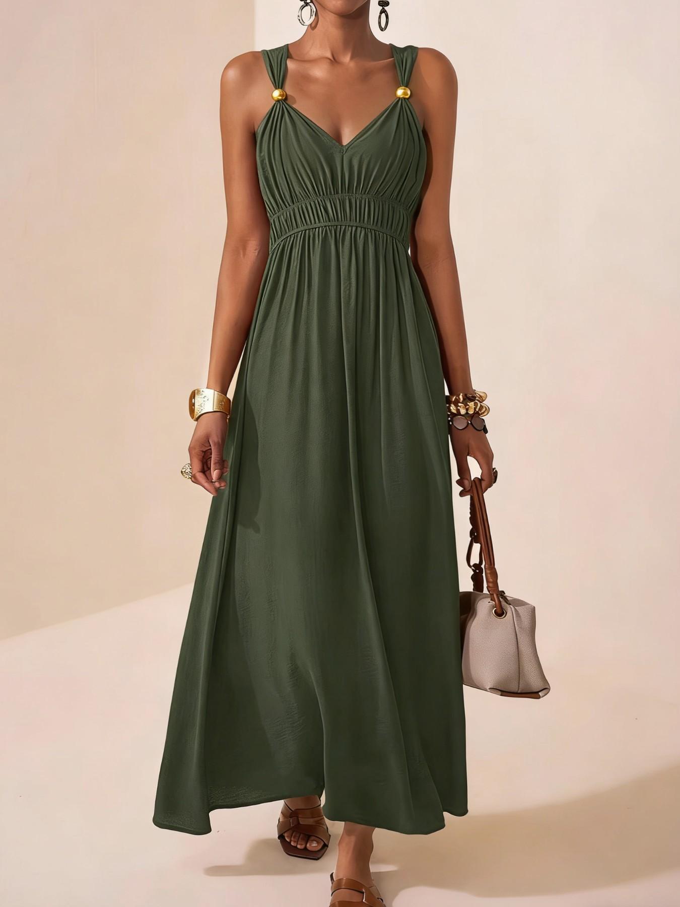 Women's Thin Strap Sleeveless Deep V Long A-Line Dress, 2026 Summer New Minimalist Elegant Chic, Perfect for Parties, Events and Evening Formal Wear