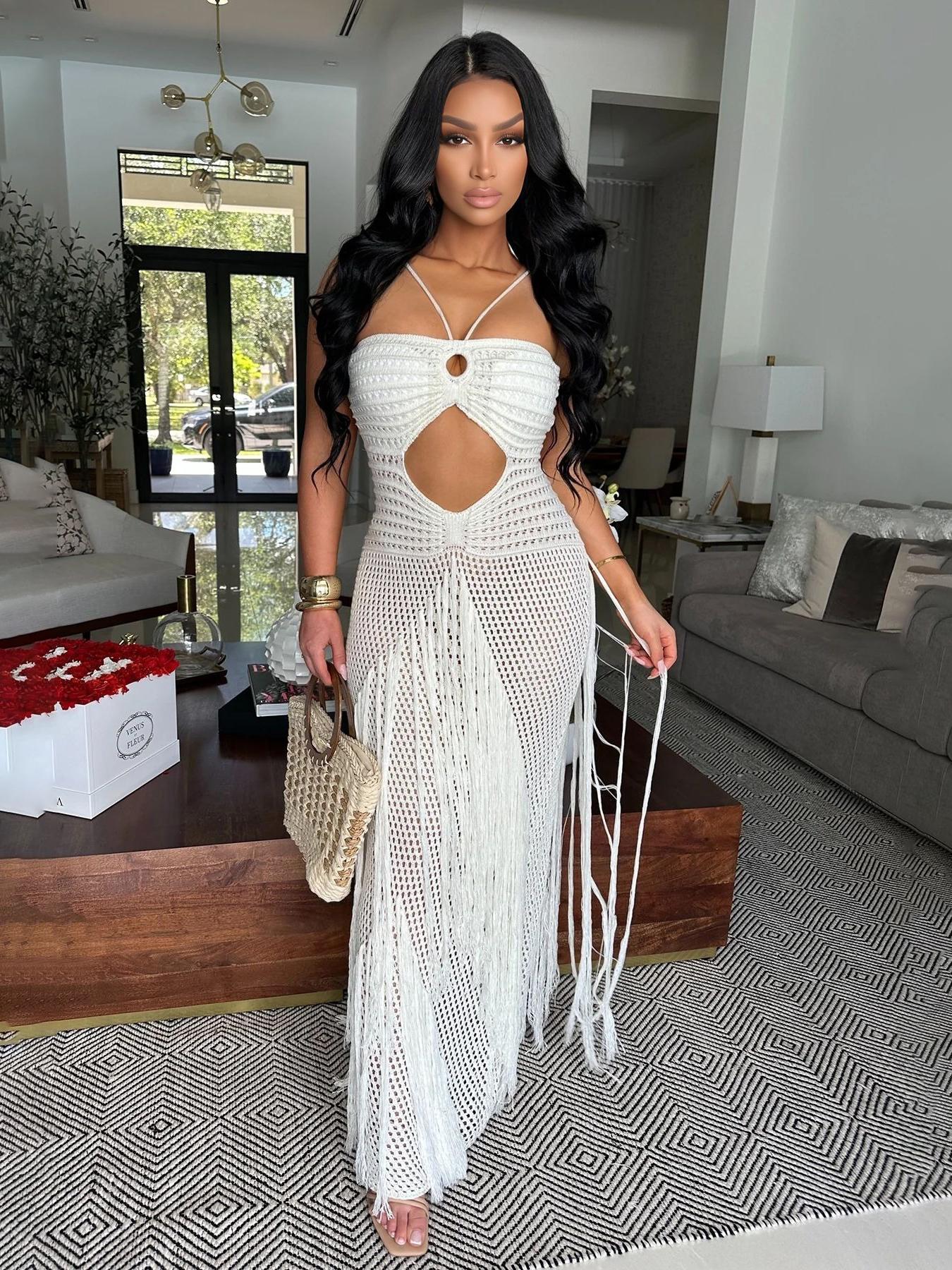 Women’s Crochet Knit Maxi Dress with Fringe Sexy see through Cutout Halter Backless Boho Style Beach Party Vacation Summer Outfit Resort Wear Women’s Crochet Knit Maxi Dress with Fringe Sexy see through Cutout Halter Backless Boho Style Beach Party Vacation Summer Outfit Resort Wear