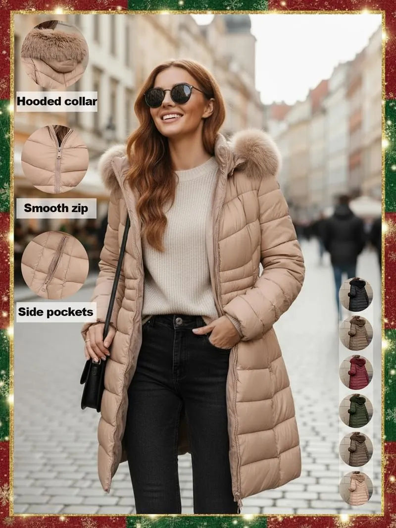 Women's Casual Hooded Waterproof Cotton Jacket, Lightweight Down Coat with Pockets, Loose Fit Thick Fabric for Fall & Winter