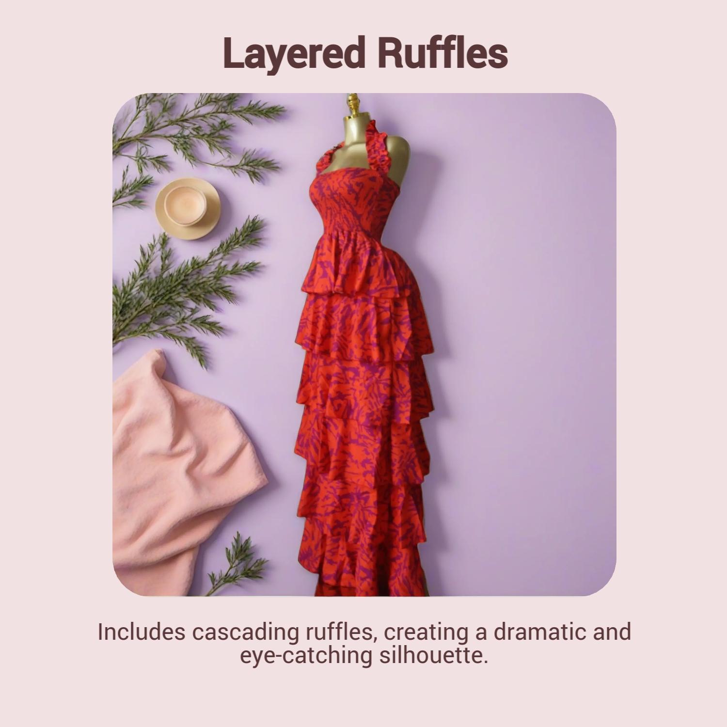 QFAF Women's Halter Neck, Floral Print Layered Ruffle Smock Maxi Dress, Floral Design Dress, Party Vacation Clothes, Sexy Style, Bohemian, Cacading Ruffles Gown A-line Dresses