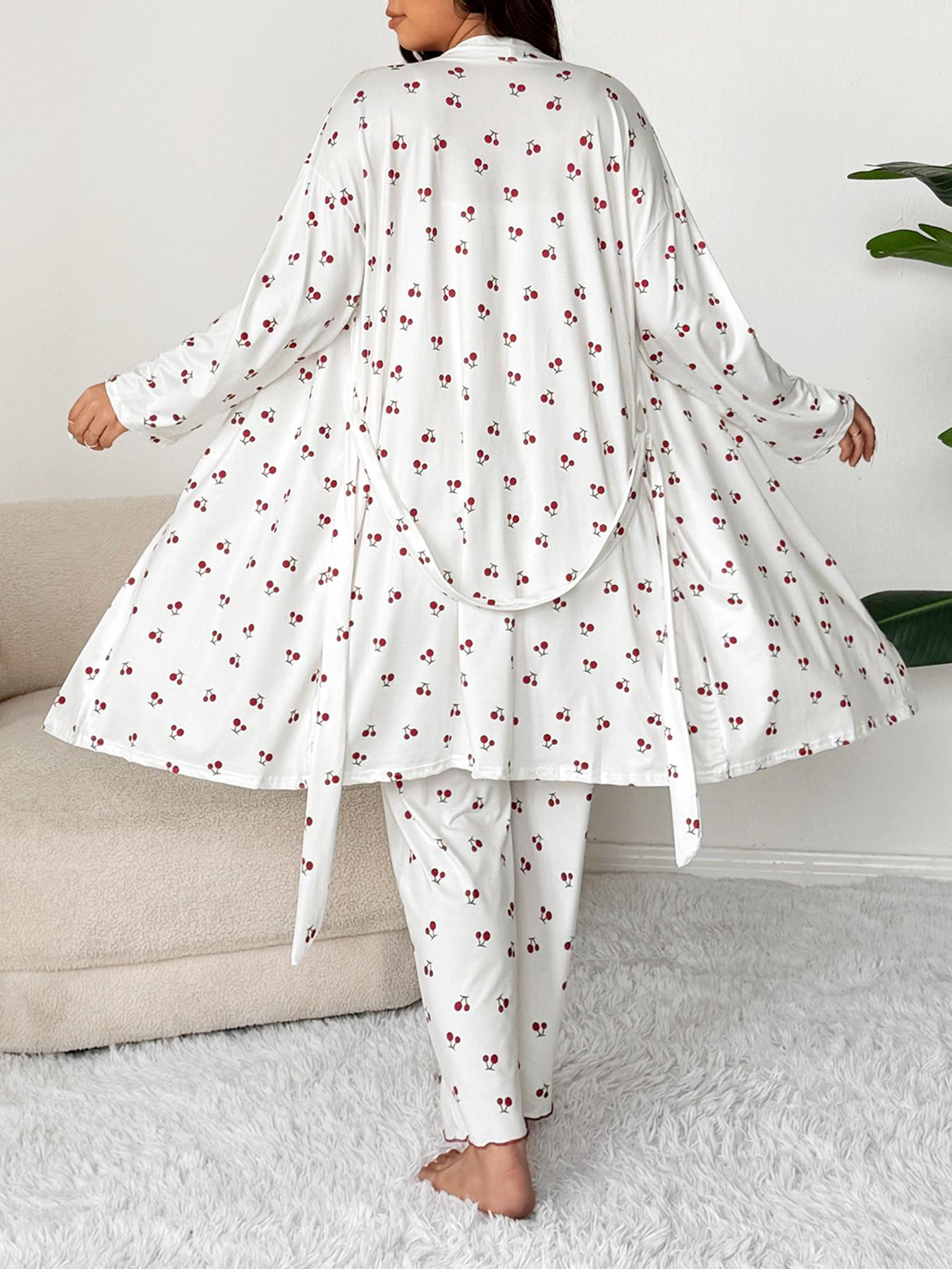Plus Size Cherry Print Women's Sweet Comfortable Belted Robe & Sleeveless Long Pants & Cami Set, Three-Piece Pajama Sleepwear, Casual Home Wear