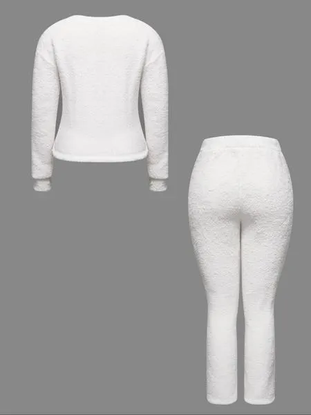 Women's Two-Piece Casual Set, Solid Color Long Sleeve Top & Elastic Wide-Leg Pants Pjs, Comfortable Minimalist Round Neck Sleepwear