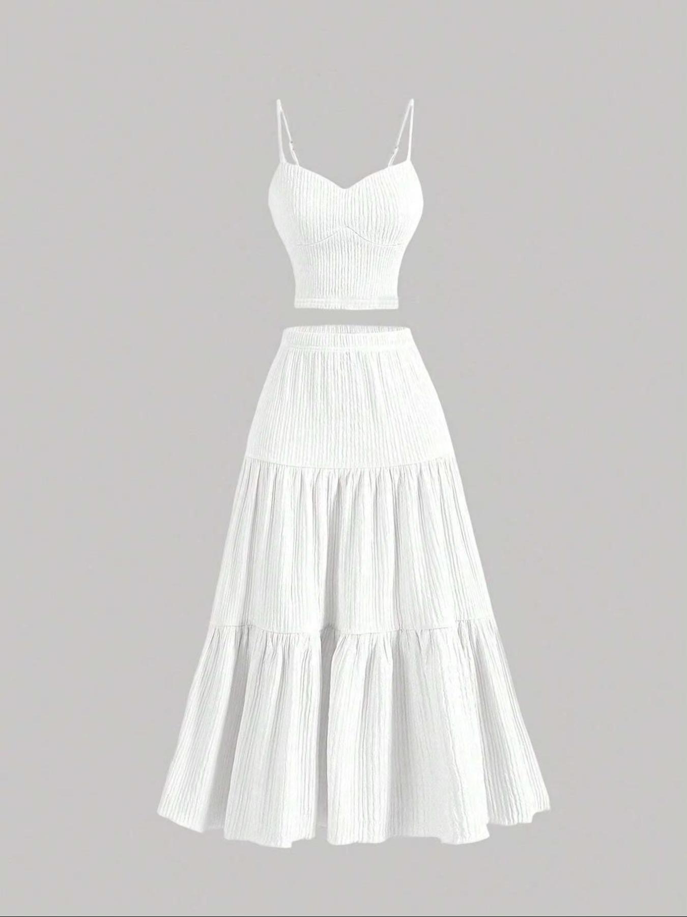 Women's Solid Woven Crop Cami Top & Pleated A-line Skirt Two-piece Set Womenswear, Casual Fashion Cozy Two Piece Outfits for Daily Outdoor Wear, Ladies Clothes for Summer