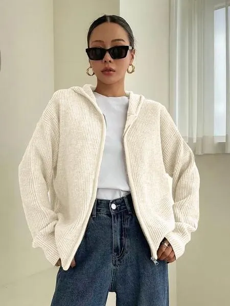 Women's Solid Color Zip Up Hooded Sweater Cardigan, Casual Long Sleeve Knitwear for Fall & Winter, Fashion Ladies' Knit Clothing for Daily Wear Women's Solid Color Zip Up Hooded Sweater Cardigan, Casual Long Sleeve Knitwear for Fall & Winter, Fashion Ladies' Knit Clothing for Daily Wear